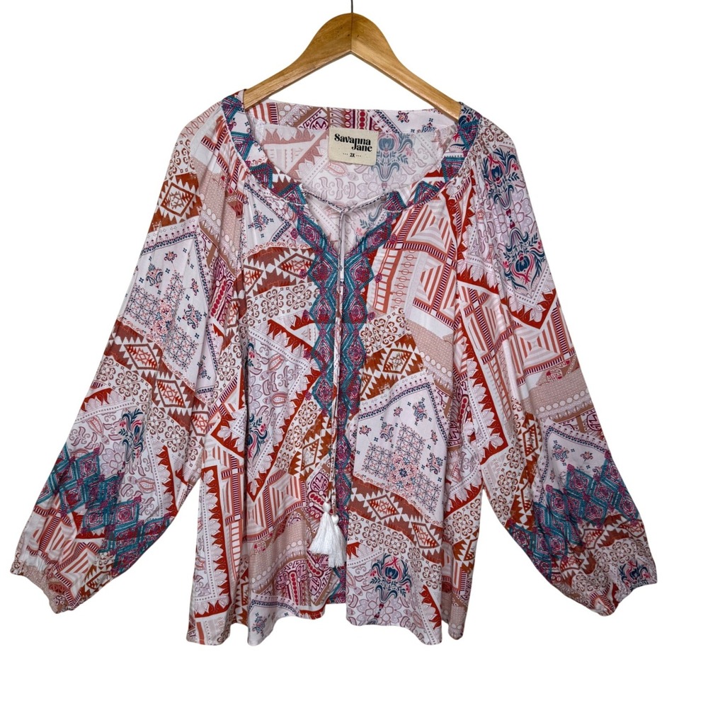 Savanna Jane Shawnee Patchwork Printed Tunic Top Embroidered Boho Tassel Size 2X